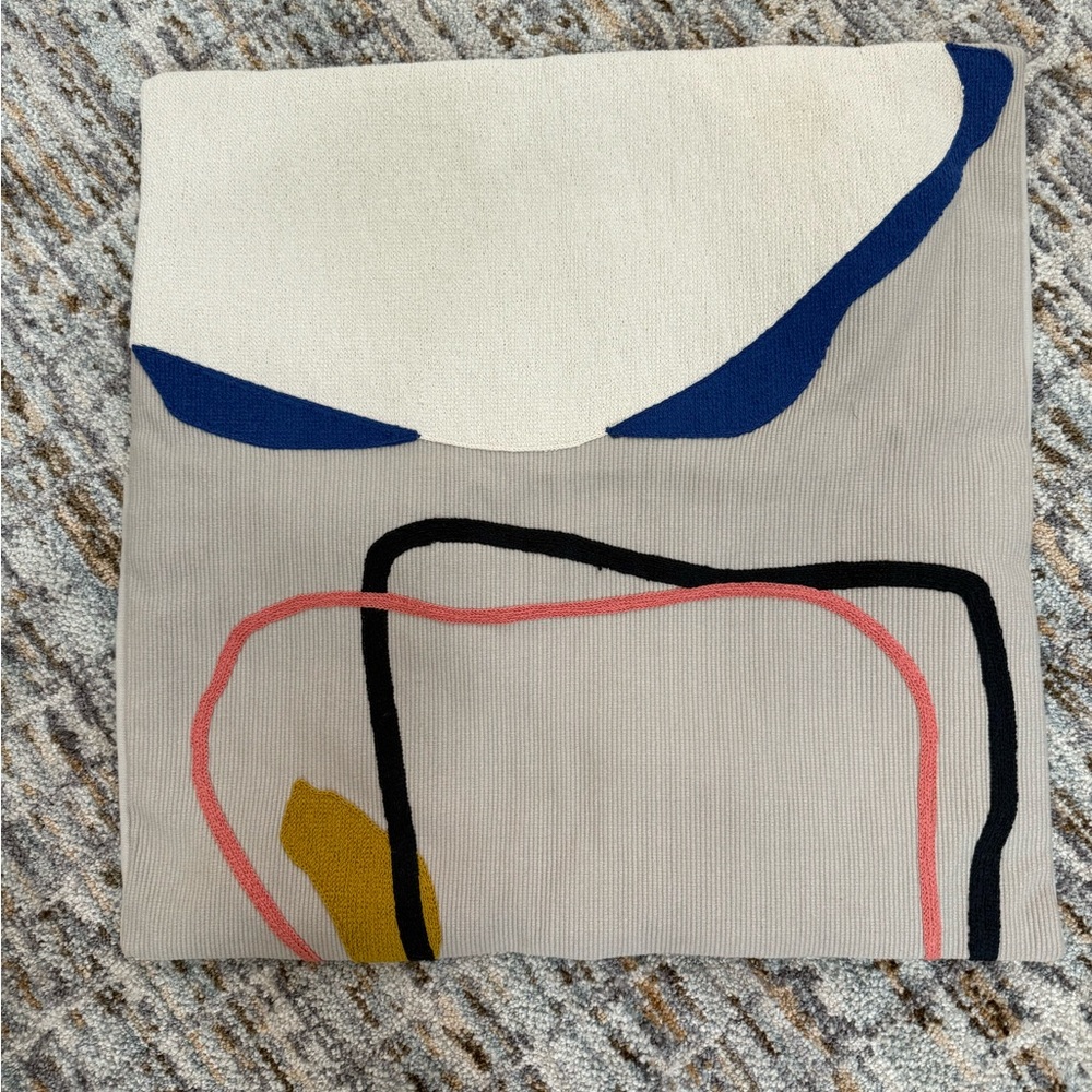 West Elm Cream Pillow Cover with Abstracts and Button Detail